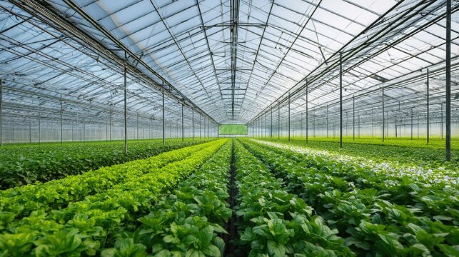 translucent photovoltaic panel array on agricultural greenhouse roof, intelligent drip irrigation cultivation racks below, background is crop growth monitoring screen and farmland