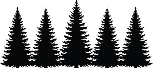 Silhouette of pine trees forest, evergreen tree vector, winter nature landscape, black Christmas tree shapes, conifer woods background, isolated illustration