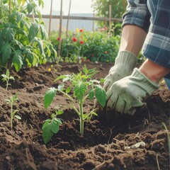 Fototapeta premium Planting tomato seedling in garden soil