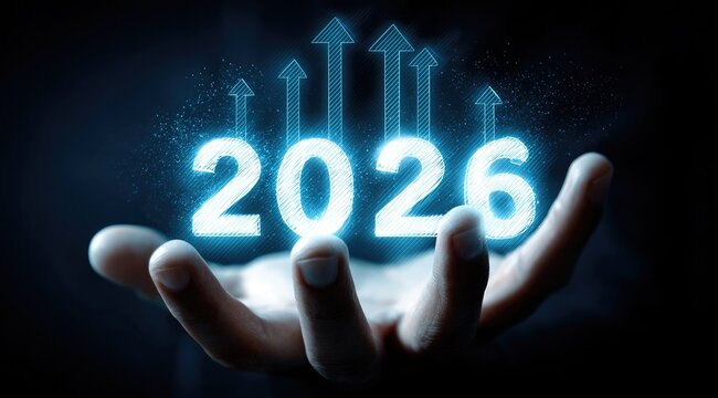 2026" hologram floats above a hand, with upwards arrows above