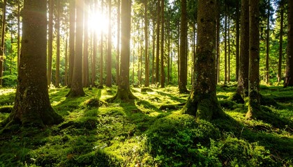 Obraz premium Sunbeams through a lush forest