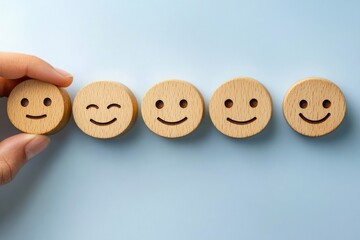 A hand placing a wooden block with a neutral smiley face next to four other wooden blocks showing different smiling expressions on a light blue background