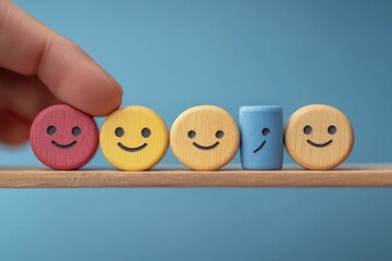 Hand holding a red wooden round piece with a smiling face balancing alongside yellow and blue wooden pieces with happy and sad expressions on a balancing beam against a blue background