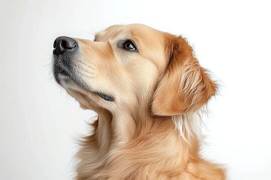 close-up of a golden retriever dog looking attentively upward with soft light highlighting its fluffy fur and expressive brown eyes - Powered by Adobe