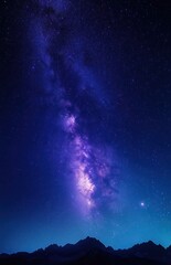 Fototapeta premium Vibrant purple and blue milky way galaxy stretching across night sky over dark mountain silhouette