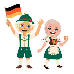 Fun cartoon illustration of two children celebrating Oktoberfest holding the German flag and a pretzel. Drawing for cultural events, festivals, and holiday design projects