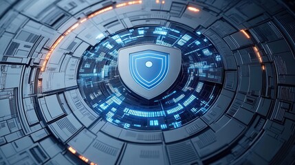 Futuristic digital shield symbol surrounded by concentric circular data patterns and glowing blue and orange lights representing cybersecurity and protection
