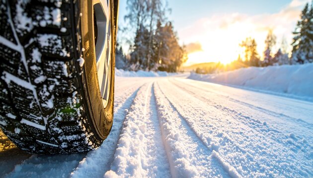 Winter road, tire tracks, sunrise - Powered by Adobe