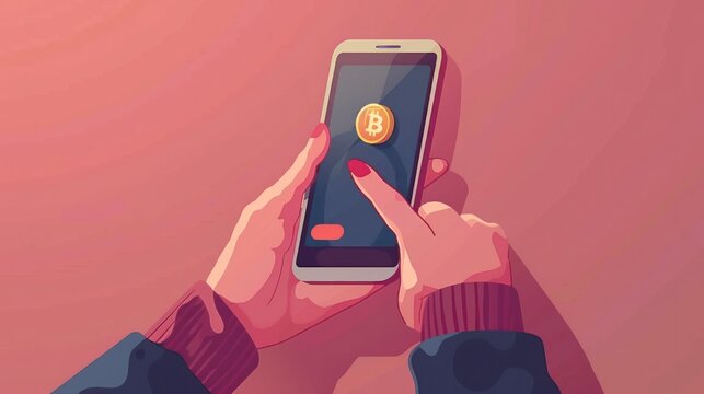 Woman's hands holding a smartphone with a bitcoin symbol on the screen, fingers tapping.