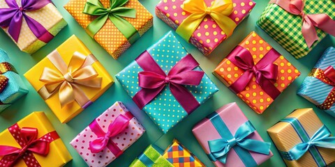 A vibrant collection of festively wrapped presents with colorful ribbons and bows, arranged in a delightful pattern for a celebratory occasion
