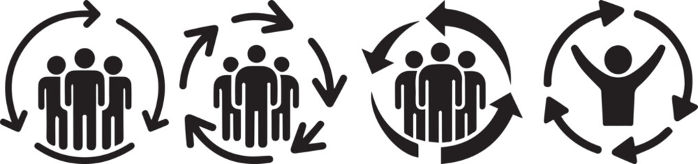 Set of teamwork and group icons with circular arrows, symbolizing collaboration, community support, people management, leadership, human resources, social connection, and continuous relationship build