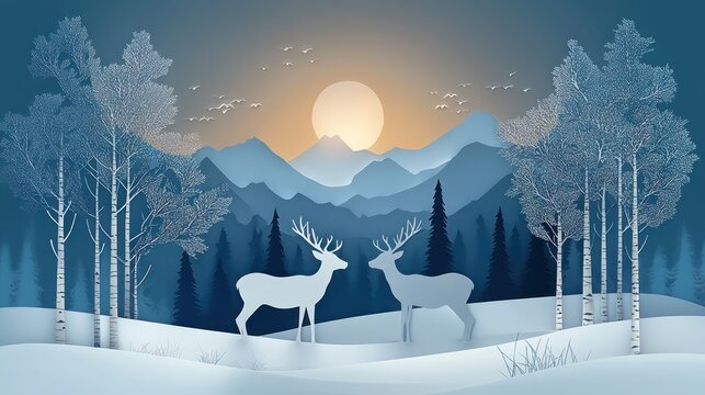 Two deer standing facing each other in a snowy forest clearing with birch trees and layered blue mountains under a glowing sun and flying birds - Powered by Adobe
