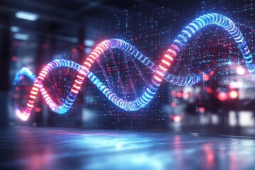 Glowing three-dimensional digital representation of a DNA double helix with blue and red segments floating in a futuristic illuminated lab environment