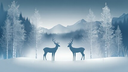 Two majestic deer standing in a serene snowy forest clearing surrounded by frosted birch trees with mountains in the misty background under a calm blue sky