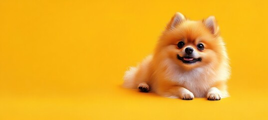 small fluffy dog with bright eyes and a happy expression lying on a vibrant yellow background