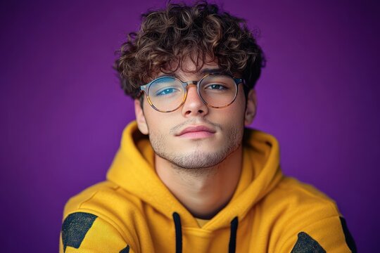 young man with curly hair wearing glasses and a yellow hoodie looking confidently at the camera against a purple background - Powered by Adobe