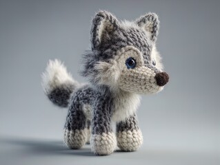 Obraz premium photorealistic amigurumi-style wolf 3d poster: perfect for sports interiors, featuring crochet texture, soft plush proportions, and adorable chibi design on a neutral gray background.