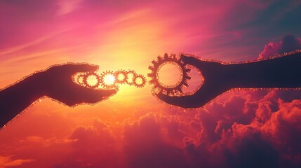 Two silhouetted hands connecting interlocking gears against a vibrant sunset sky filled with clouds, symbolizing teamwork and collaboration