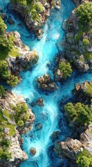 Aerial view of a river flowing through a rocky gorge with vibrant turquoise water and scattered greenery