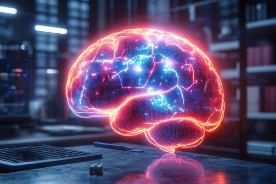 Glowing digital 3D brain hologram with neural network connections floating above a desk in a dark office setting, representing intelligence and technology