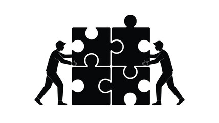 Two silhouettes connecting puzzle pieces together symbolizing teamwork and collaboration