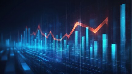 Abstract digital 3D visualization of financial data with glowing blue bar charts and a rising orange line graph representing growth and analysis