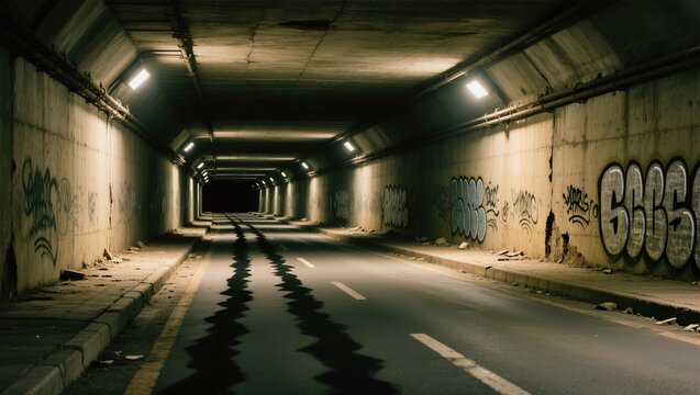 A mysterious underground tunnel reveals a pathway of illuminated road, shadows of water, inviting exploration. Graffiti adds urban grit to the sturdy architecture.