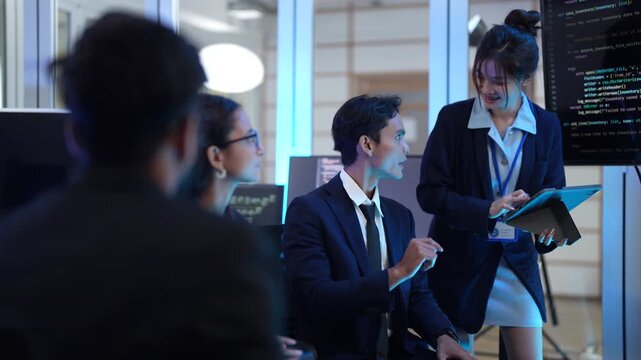 A scrum master leads a daily stand-up meeting with her development team. They are discussing the current sprint's progress and reviewing the project backlog and recent code commits. - Powered by Adobe