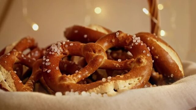 Cinematic macro of a freshly baked Bavarian pretzel sprinkled with coarse salt on a rustic board. Warm bokeh creates an authentic beer-hall mood