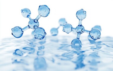 Close-up of translucent blue molecular models floating over rippling water surface with reflections in a clean, scientific atmosphere