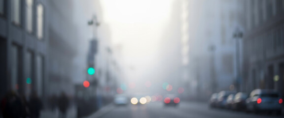 Blurred city street filled with cars, tall buildings, and glowing traffic lights on a dense foggy day, creating a mysterious and atmospheric urban scene with soft reflections.