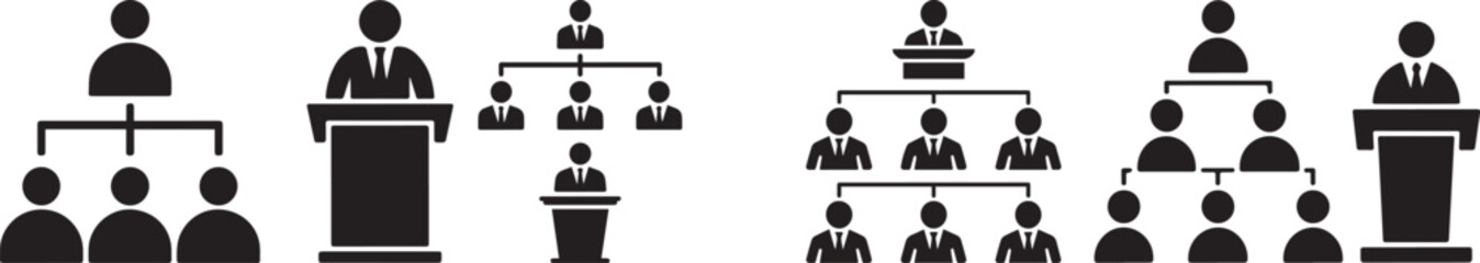 A business leadership and organizational hierarchy illustration showing managers, employees, and corporate structure, symbolizing teamwork, management system, authority, strategy, and workforce planni