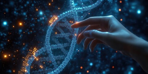 Hand reaching towards a glowing blue digital DNA double helix structure surrounded by floating light particles in a dark space environment
