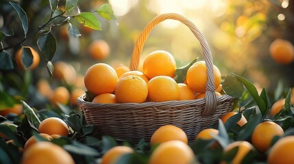 Wicker basket filled with ripe oranges outdoors surrounded by orange trees in warm sunlight