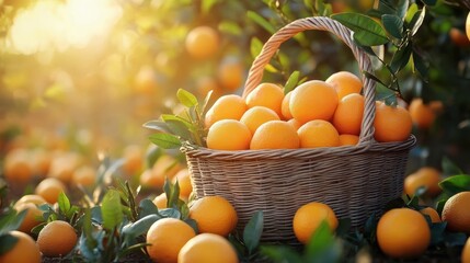 Wicker basket filled with fresh oranges surrounded by orange trees in bright sunlight