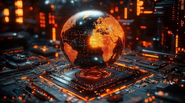 Futuristic glowing digital globe displaying continents hovering above a complex circuit board illuminated with orange lights and technological patterns - Powered by Adobe