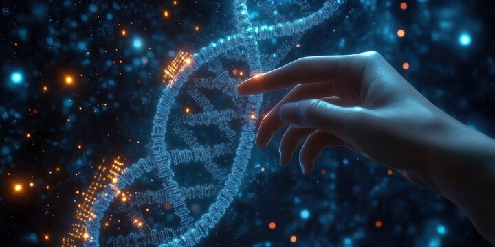 Hand reaching towards a glowing blue digital DNA double helix structure surrounded by floating light particles in a dark space environment