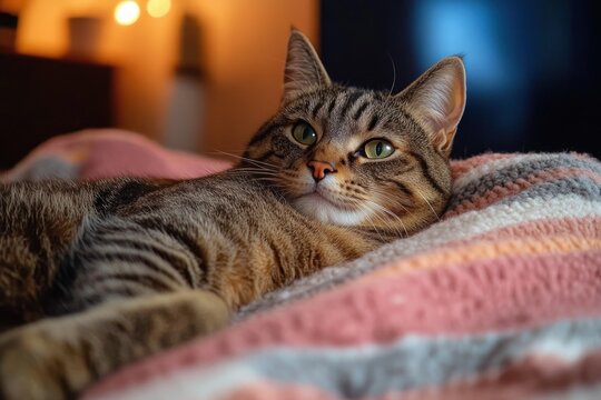 Close-up of a relaxed tabby cat lying on a colorful knitted blanket with warm ambient lighting in the background