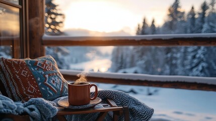 Steaming cup of coffee on wooden tray with warm patterned blankets on chair overlooking snowy winter forest landscape at sunrise
