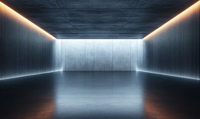 Empty futuristic room with glossy floor and concrete walls illuminated by blue and orange LED strip lights creating a sleek and modern atmosphere