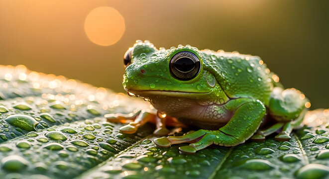 A vibrant green tree frog covered in morning dew sits on a lush leaf, basking in the warm golden glow of the rising sun in the background