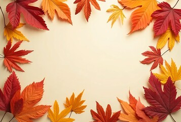 Fototapeta premium Flat lay of red, orange, and yellow autumn leaves on a plain background with copy space in the center, seasonal fall background perfect for Thanksgiving, harvest, nature design, and seasonal promotion