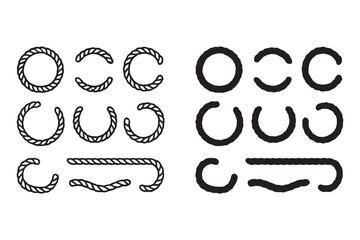 Round rope curve symbol set. Different thickness circular ropes set for decoration. Vector isolated on transparent background.