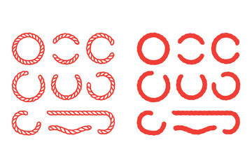 Round rope curve symbol set. Different thickness circular ropes set for decoration. Vector isolated on transparent background.
