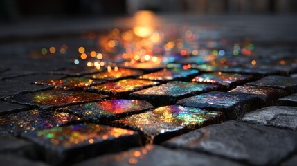 Illuminated Cobblestone Reflection: A Mesmerizing Dance of Light and Color
