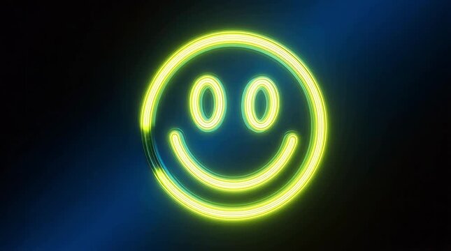Neon smiley face glowing brightly on dark background - spread positivity and good vibes today