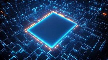 Futuristic glowing blue and orange neon rectangular frame surrounded by complex transparent 3D geometric shapes in a dark digital environment