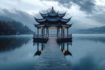 Fototapeta premium Serene traditional pagoda pavilion on calm lake with stone pathway under moody cloudy sky during dusk