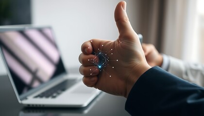 Thumbs up gesture with digital network overlay near laptop and smartphone hand approval