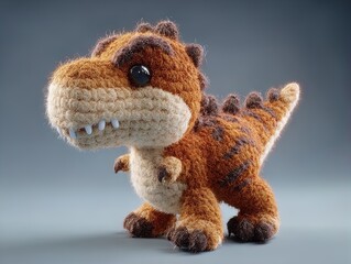 charming amigurumi t-rex 3d poster: perfect for sports interiors, showcasing handcrafted crochet detail with cute chibi features against volcanic ash gray background